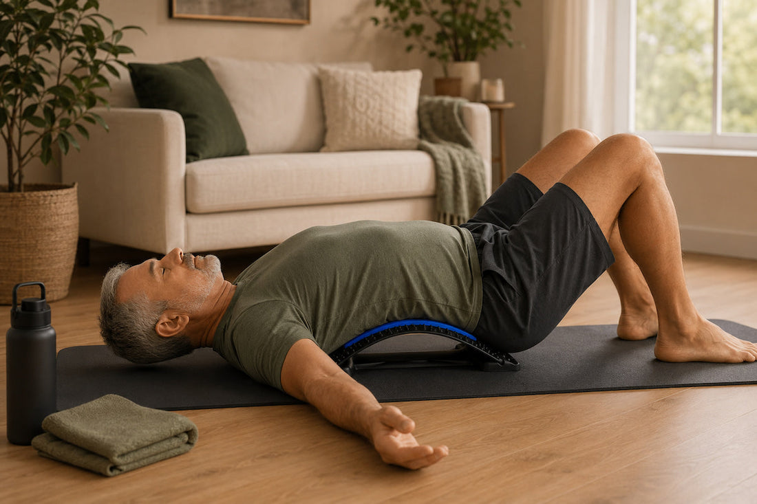 Adult using BackEase Pro adjustable back stretcher on a yoga mat during a calm home stretch routine
