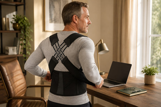 Adult adjusting an AlignEase posture corrector belt over a fitted shirt in a bright home office