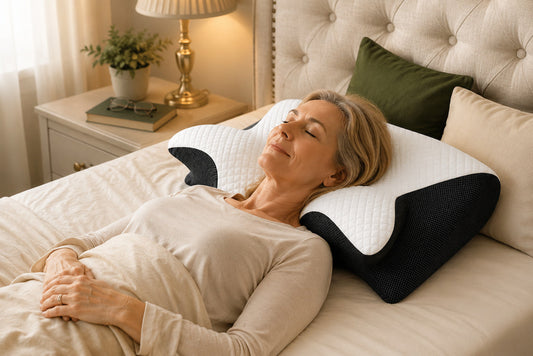 Adult sleeping on NeckEase contoured memory foam cervical pillow in a calm bedroom