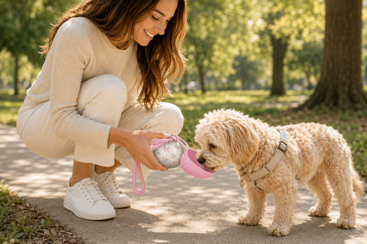Dog drinking fresh water from the built-in silicone bowl of a PupCup portable dog water bottle during a shaded walk