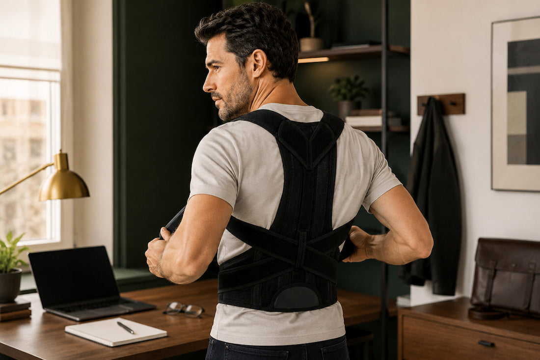 Man adjusting the black ElitePosture posture corrector harness over a fitted grey shirt before a desk session