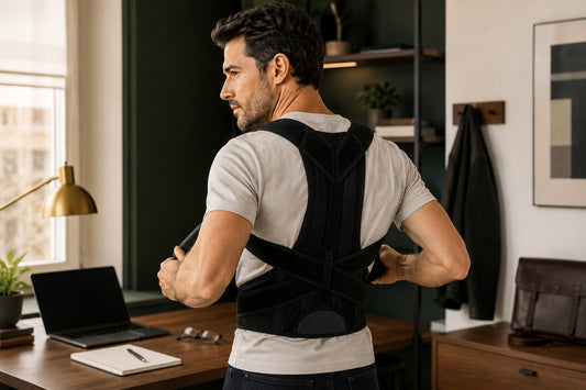 Man adjusting the black ElitePosture posture corrector harness over a fitted grey shirt before a desk session