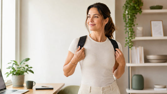 Woman wearing a posture corrector with relaxed upright posture at home