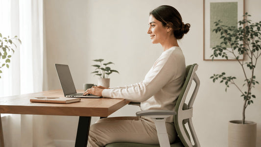 Woman sitting with relaxed upright posture at a home office desk for daily posture correction