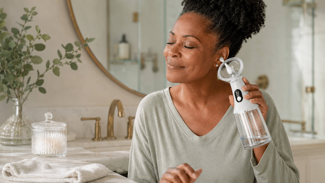 Adult preparing EarEase electric ear irrigator and collection basin as an alternative to cotton swabs