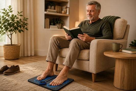 Adult relaxing with both bare feet correctly placed on a SoleRevive Pro EMS foot massage mat at home