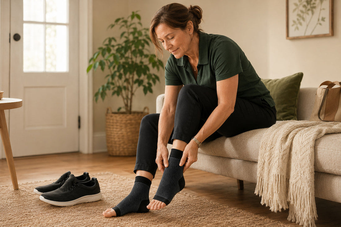 Adult wearing ArchEase Pro open-toe foot and ankle compression sleeves before a walk at home