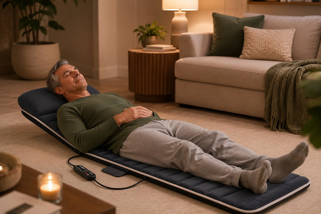Adult relaxing at home on a heated full body massage mat during an evening wind-down routine