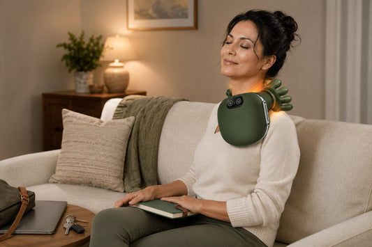 Adult using ShoulderRevive Pro heated shoulder massager during a calm evening wind-down routine