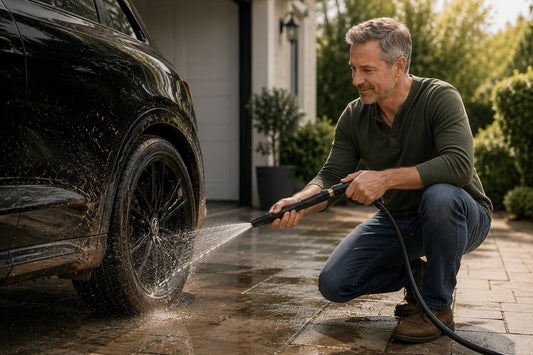 Homeowner using HydroWash Pro outdoor wash and rinse nozzle to clean muddy vehicle wheels and a driveway with a garden hose