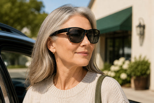 Adult wearing EasyShade fitover sunglasses over prescription glasses in a parked car on a bright day