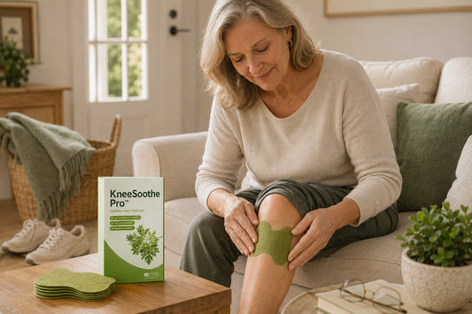 Adult applying a KneeSoothe Pro herbal knee patch at home as part of a daily knee comfort routine
