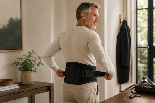 Adult adjusting a LumbarGuard Pro lower back support belt over a thin shirt before daily activities