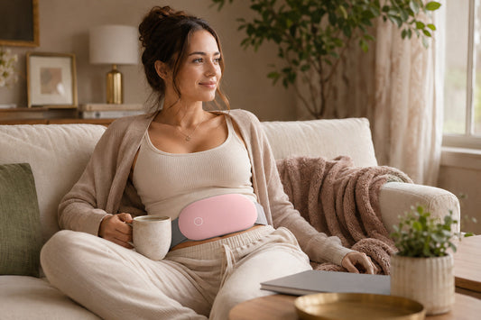 Woman wearing LunaEase Pro period heat and massage belt around her lower abdomen during a calm home routine