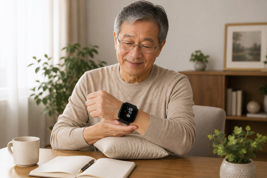 Older adult using PulseGuard Pro portable wrist blood pressure monitor at home with wrist supported at heart level
