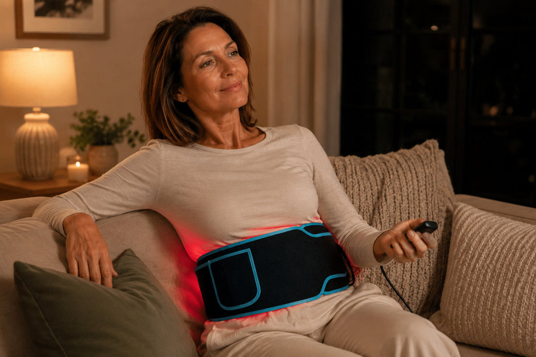 Adult relaxing at home with GlowEase Pro infrared red light therapy wrap belt secured around the lower back