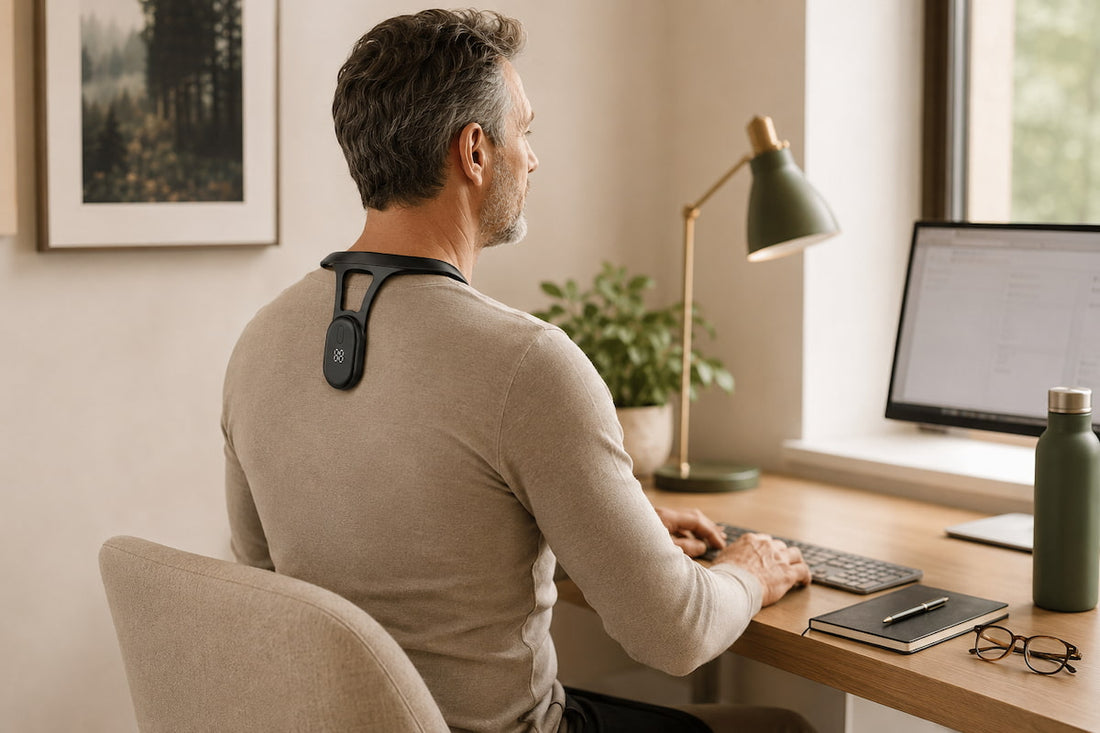 Adult wearing PosturePulse Pro smart posture trainer while working upright at a home-office desk