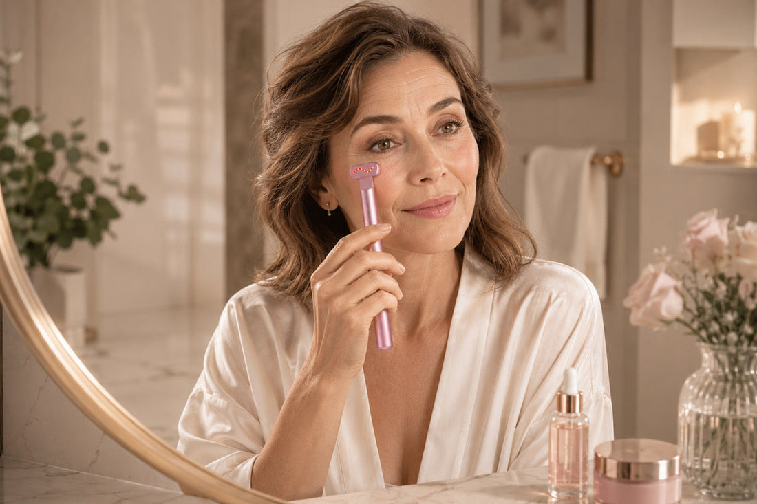Woman using EyeRevive Wand under eye massage tool with eye cream during a gentle morning skincare routine