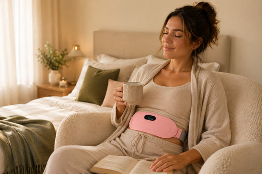 Woman wearing a pink rechargeable heating belt around her lower abdomen during a calm period-day self-care routine at home