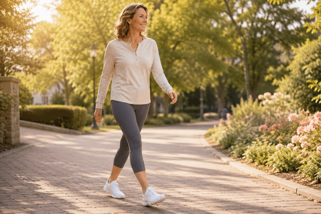 Woman wearing EaseStep Restore wide toe box walking shoes during a comfortable everyday walk on a bright park path