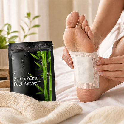 BambooEase Foot Patches black bamboo-style package with white adhesive sole patch
