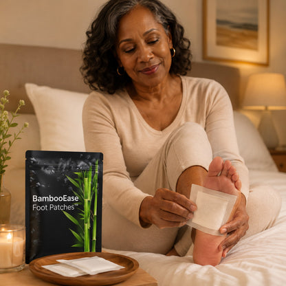 BambooEase Foot Patches package with green bamboo graphics and adhesive covers