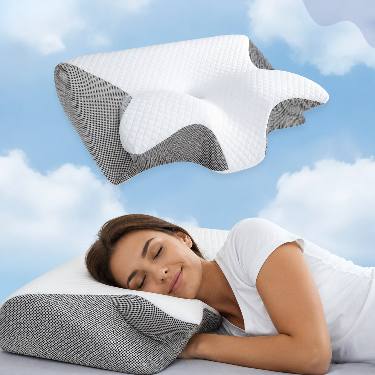 ButterflyRest Pillow ergonomic neck support pillow with white quilted top and grey breathable mesh sides