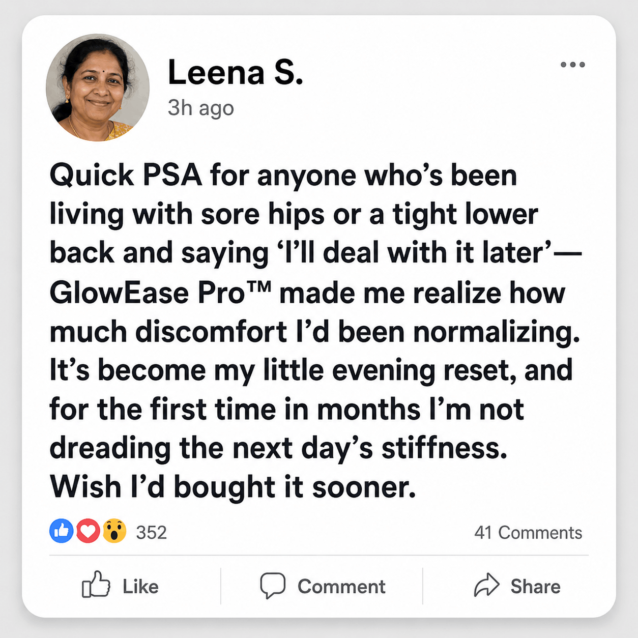 Leena S. social review for GlowEase Pro red light therapy wrap
