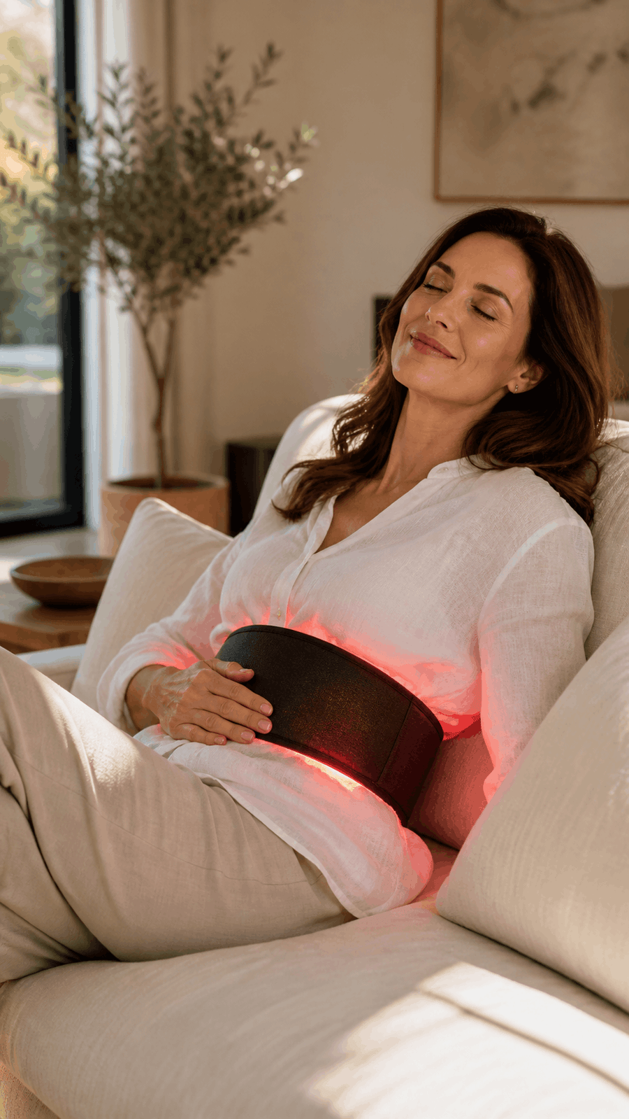 Customer using GlowEase Pro wrap while relaxing
