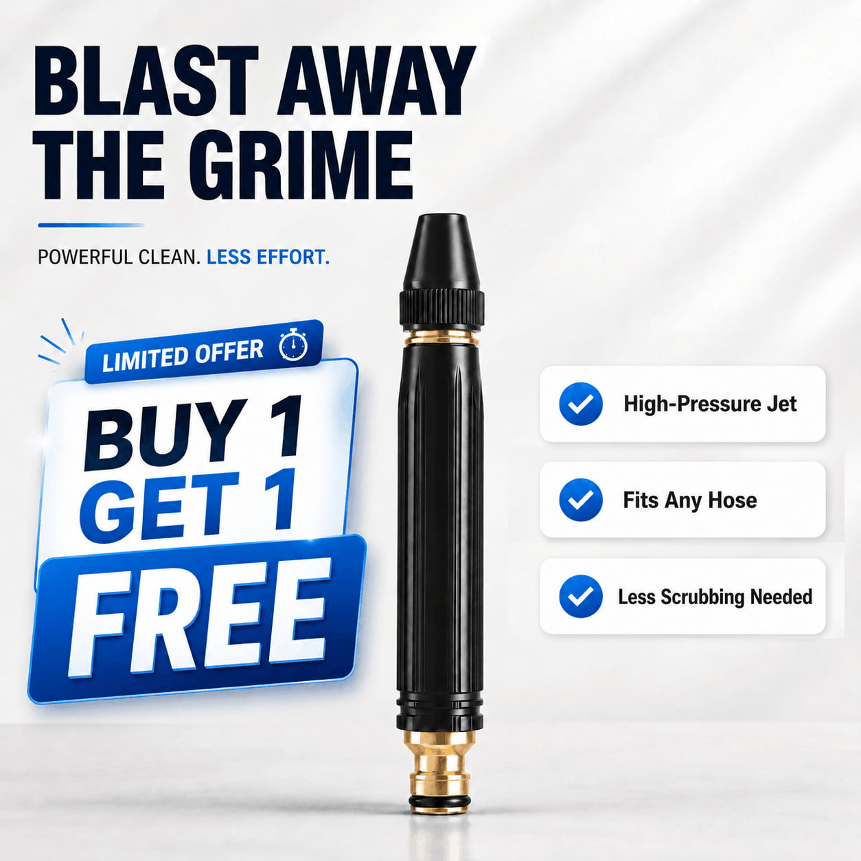 HydroWash Pro hose nozzle showing powerful outdoor cleaning benefits and Buy 1 Get 1 Free offer