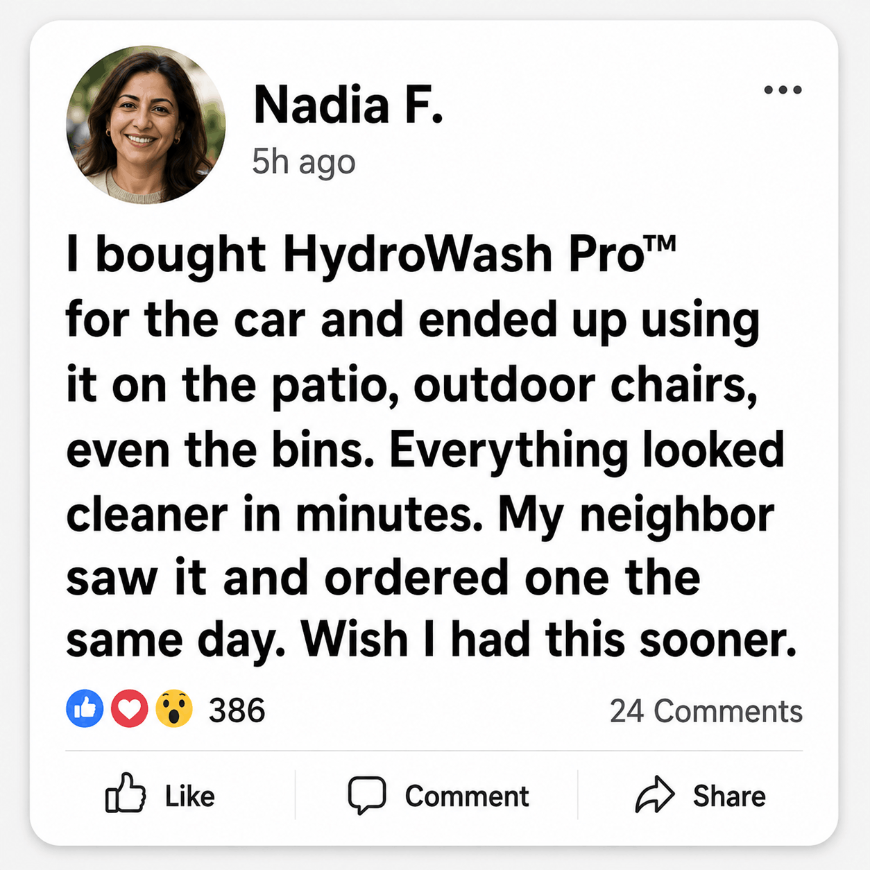 Nadia F. social review for HydroWash Pro high-pressure hose cleaning nozzle
