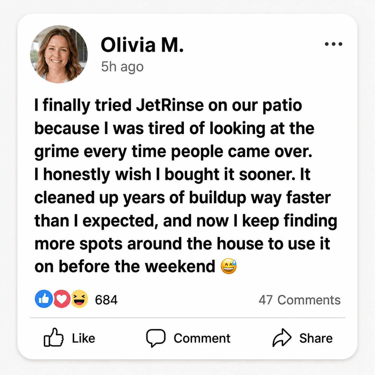 Olivia M. social review for JetRinse high-pressure hose cleaning nozzle