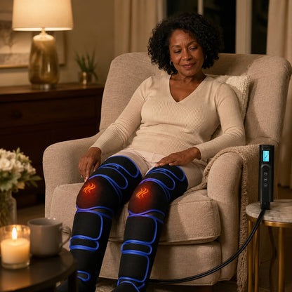 LegEase Pro 360 air compression leg massager with black full-leg sleeves blue piping and handheld controller