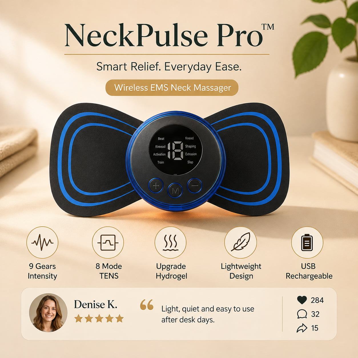 NeckPulse Pro EMS heated neck massager with wireless ergonomic design for neck comfort