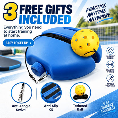 RallySolo Pro solo pickleball trainer with blue fillable base, yellow perforated ball and elastic tether cord.