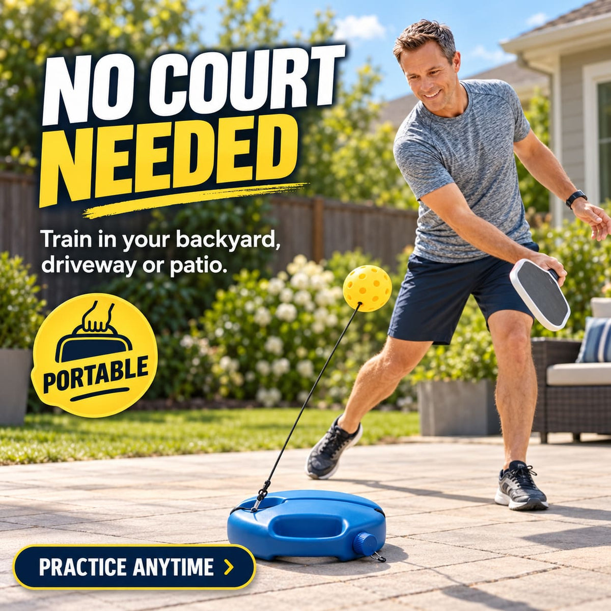 Pickleball player using own paddle to practise with RallySolo Pro rebound trainer on level patio.