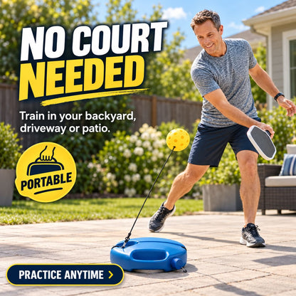 Pickleball player using own paddle to practise with RallySolo Pro rebound trainer on level patio.