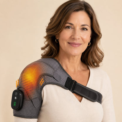 ShoulderEase Pro heated shoulder support wrap with digital control panel and adjustable chest strap