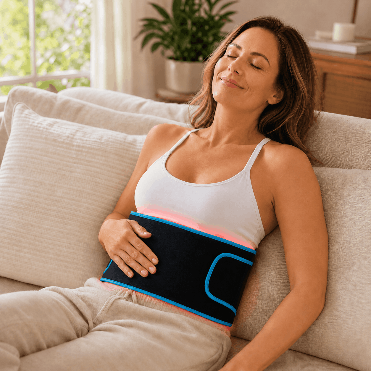 GlowEase Pro worn as a waist wrap during a relaxing home routine