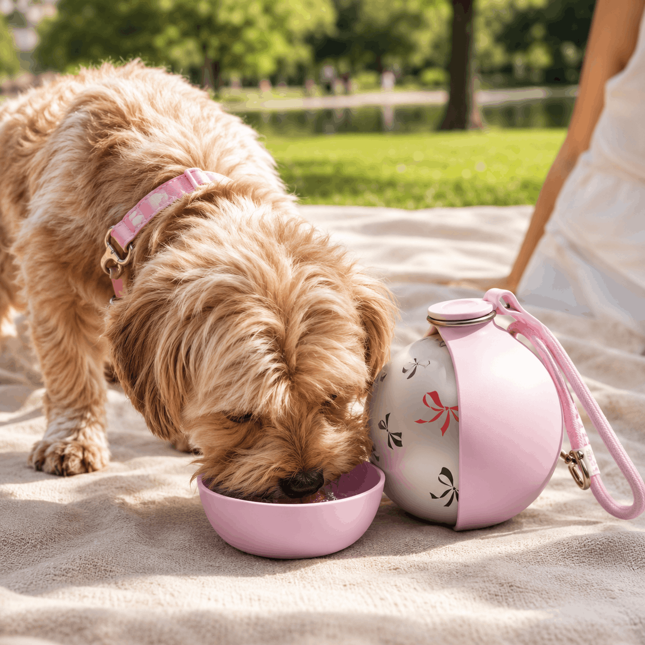 PupCup travel dog water bottle with dog drinking from built-in bowl