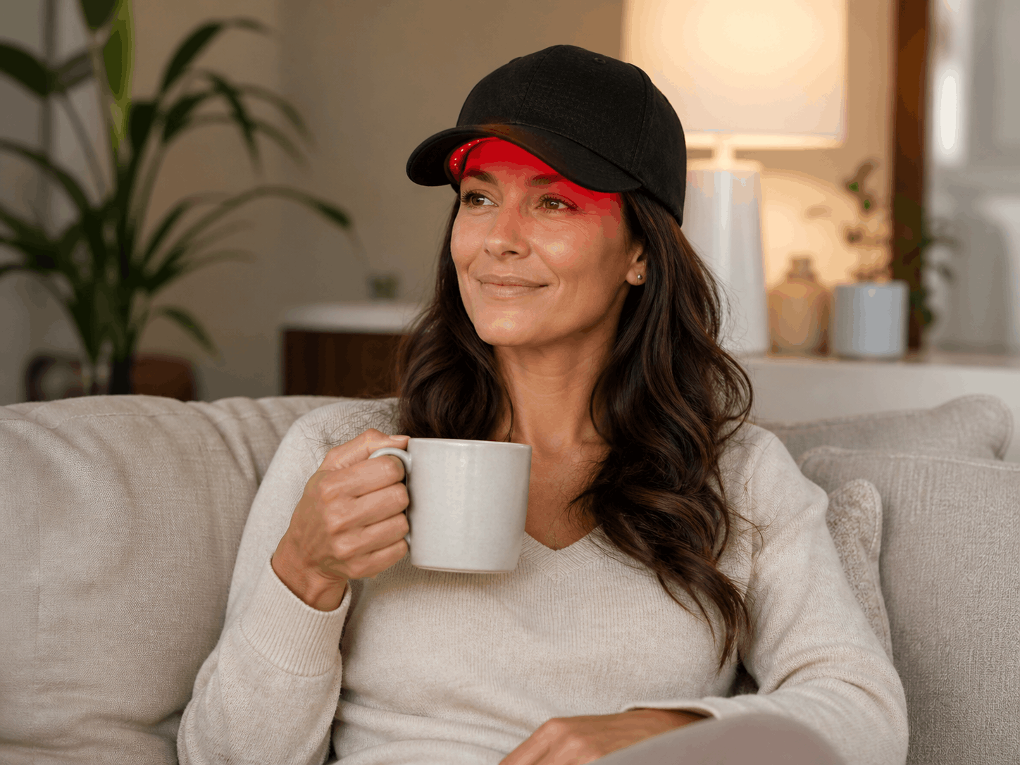 Woman relaxing at home while wearing GlowCap Pro red light therapy cap